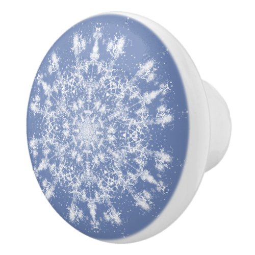 Large Abstract Lacy Snowflake on Blue Background Ceramic Knob