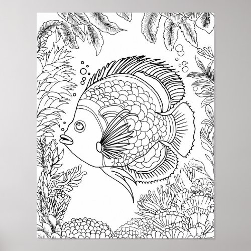 Large Adult Coloring Page Tropical Fish Ocean Art Poster