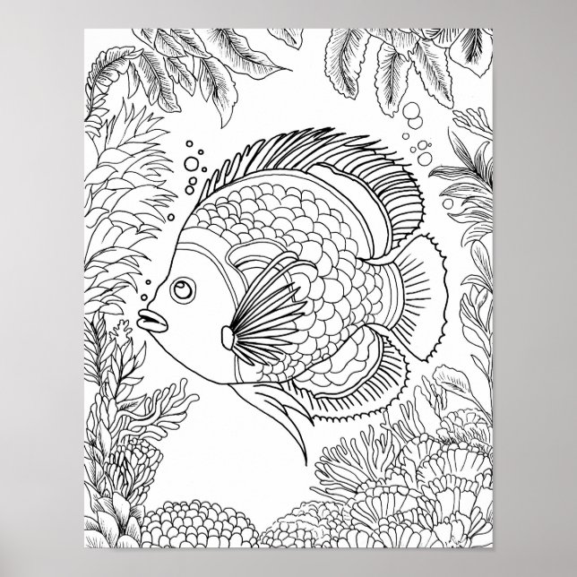 Large Adult Coloring Page Tropical Fish Ocean Art Poster (Front)