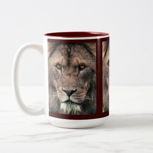 Large African Lion head eye contact close up male Two_Tone Coffee Mug