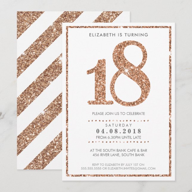 LARGE AGE NUMBER INVITE glam 18 rose gold glitter (Front/Back)