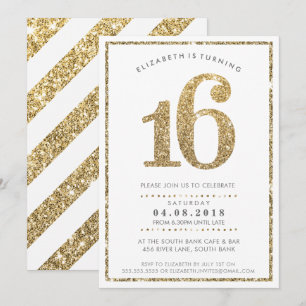 LARGE AGE NUMBER INVITE modern 16 gold glitter