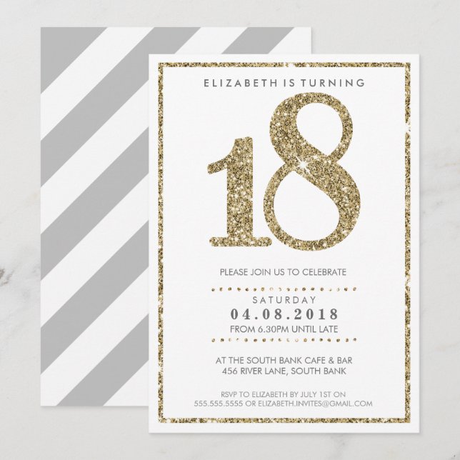 LARGE AGE NUMBER INVITE modern 18 gold glitter (Front/Back)
