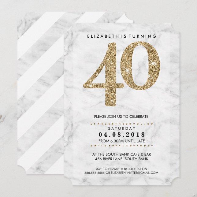 LARGE AGE NUMBER marble modern 40 gold glitter Invitation (Front/Back)