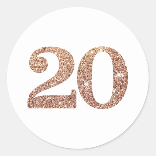 LARGE AGE NUMBER modern 20 rose gold glitter Classic Round Sticker