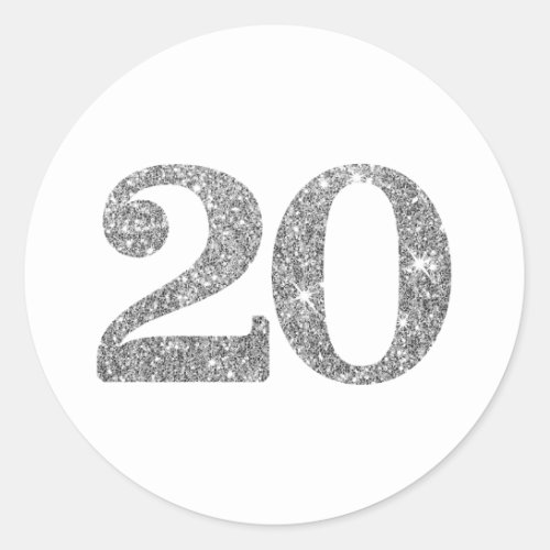 LARGE AGE NUMBER modern 20 silver glitter Classic Round Sticker