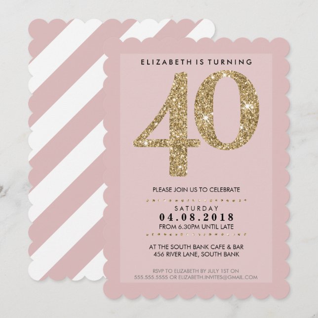 LARGE AGE NUMBER modern 40 gold glitter bluch pink Invitation (Front/Back)