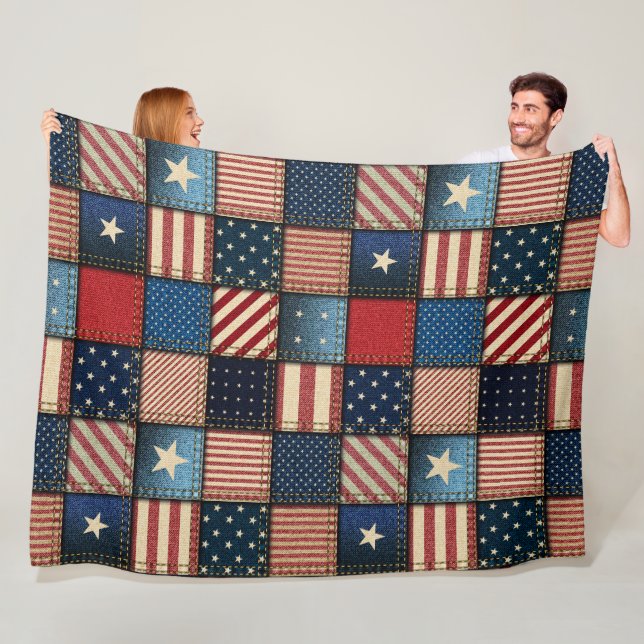 Large Americana Patchwork Image Fleece Blanket (In Situ)