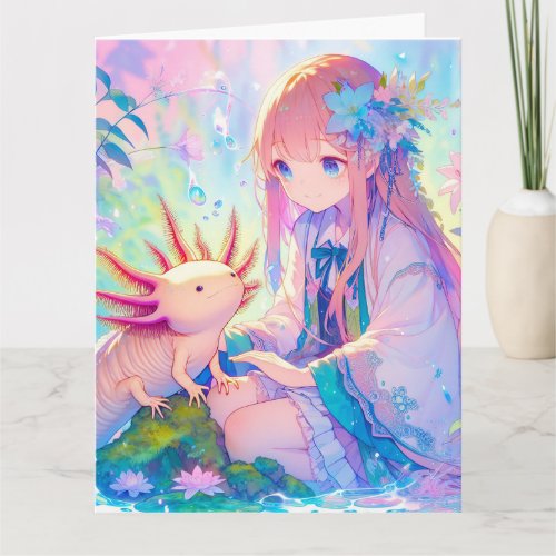 Large Anime Girl and Axolotl Personalized Birthday Card