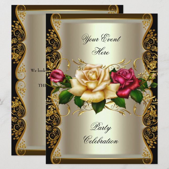 LARGE Any Event Party Cream Gold Black Roses Invitation (Front/Back)