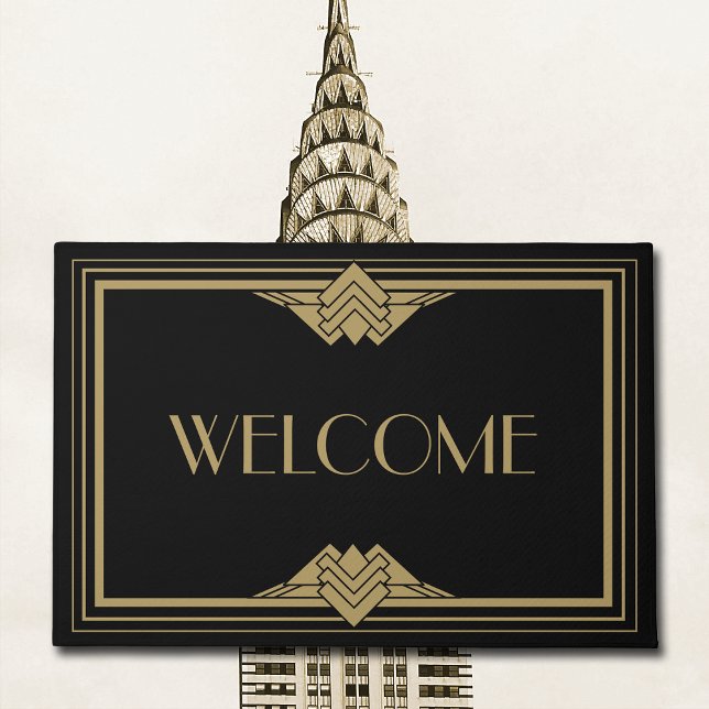 Large Art Deco Geometric Black Gold Welcome  Doormat (Add some class to your entry way with this large black and gold Art Deco welcome mat.)