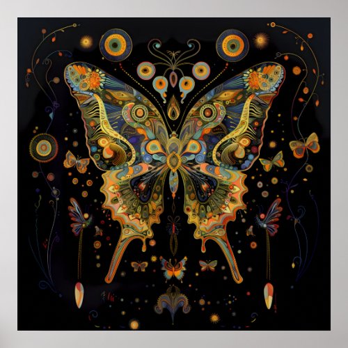 Large Art Nouveau Butterfly Ochre Black Matte Art Poster