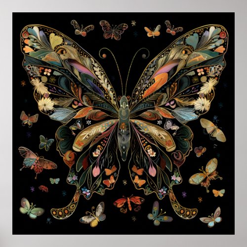 Large Art Nouveau Butterfly Vintage on Black Matte Poster
