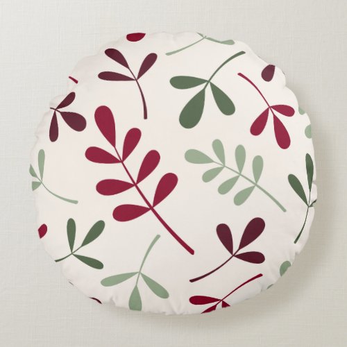 Large Assorted Leaves Reds  Greens on Cream Round Pillow