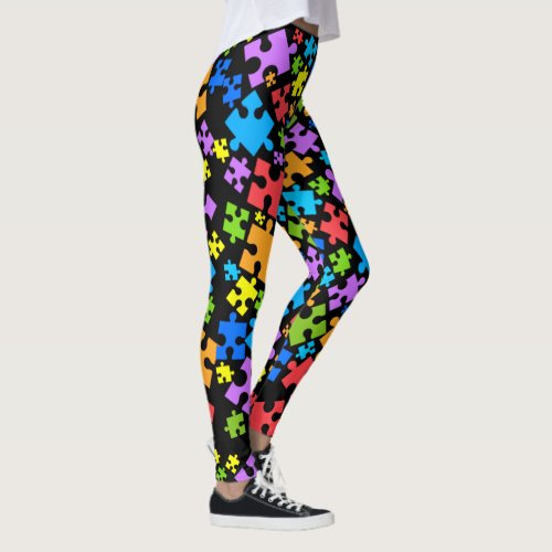 Large Autism Puzzle Pieces on BLACK Leggings