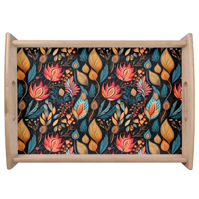Large Autumn Floral Print Digital Folk Art Serving Tray (Front)