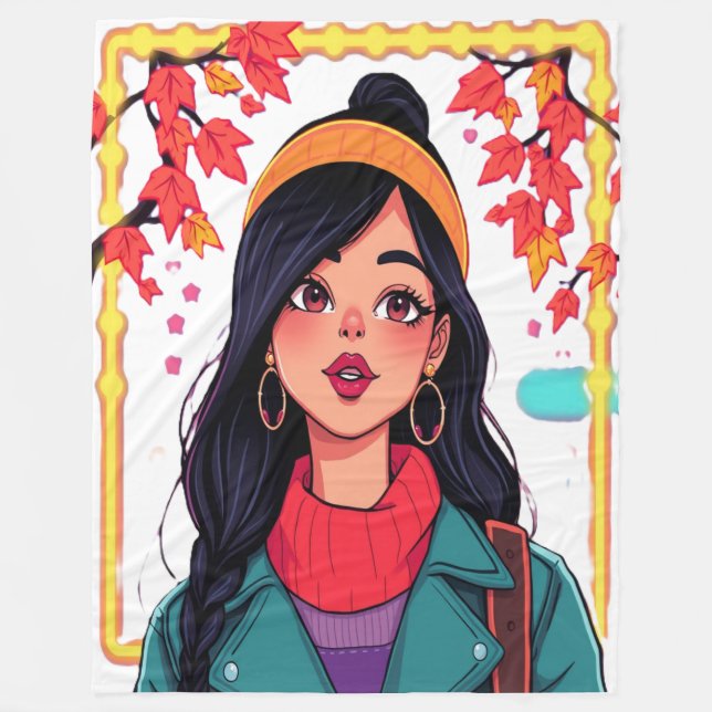 Large Autumn Girl Fleece Blanket – Cozy Oversized  (Front)