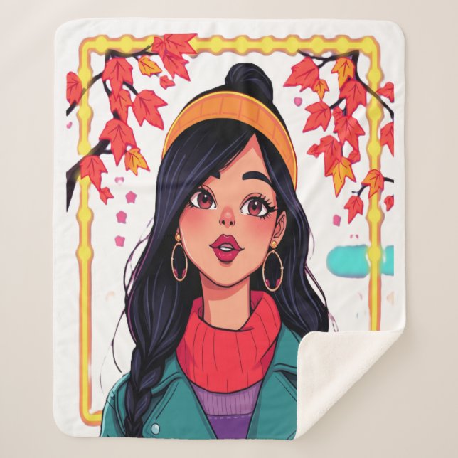 Large Autumn Girl Sherpa Blanket – Cozy Oversized  (Front)