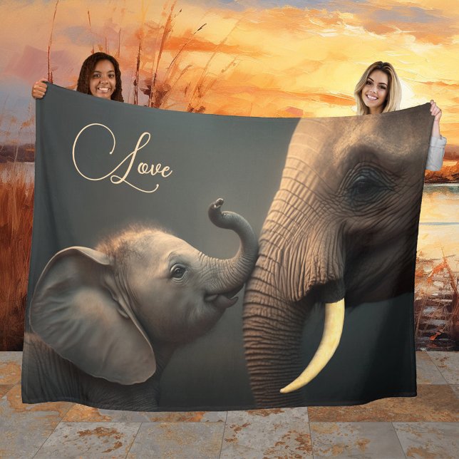 Large Baby Elephant Cute Love  Fleece Blanket (Fleece blanket featuring a heartwarming image of a mother and baby elephant with your custom text.)