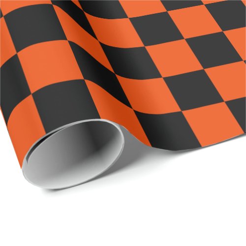 Large Black and Bright Orange Checks Wrapping Paper