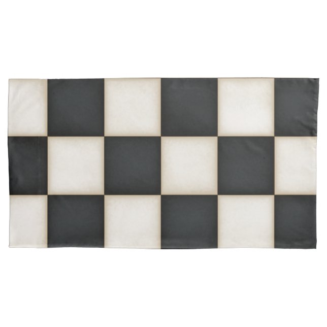 Large Black & Antique White Checkers King Pillow Case (Front-Left)