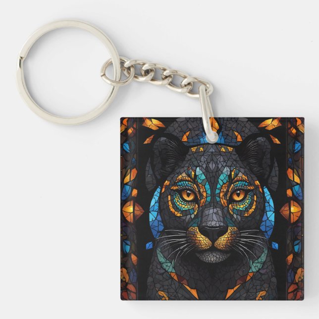 Large Black Cat Mosaic stained Glass effect  Keychain (Front)