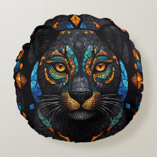Large Black Cat Mosaic stained Glass effect  Round Pillow
