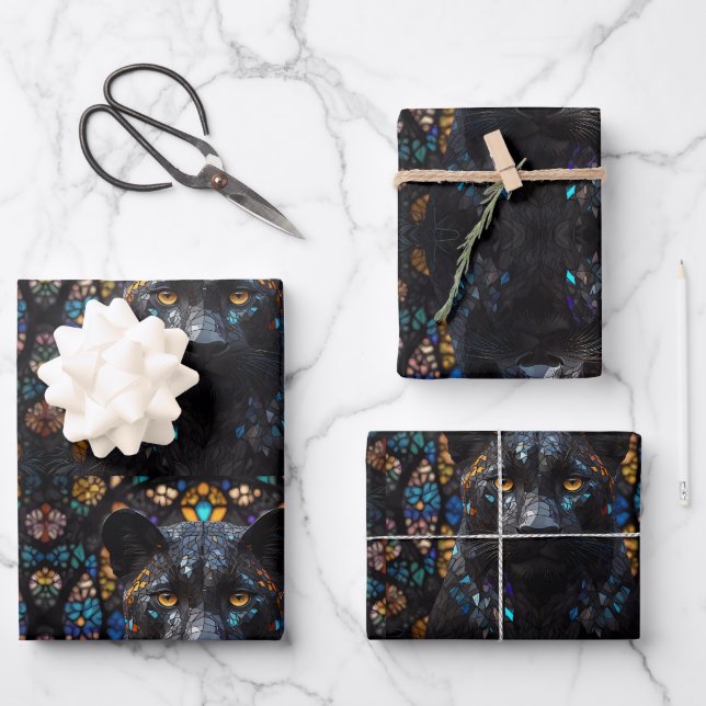 Large Black Cat Mosaic Stained Glass  Wrapping Paper Sheets (Front)
