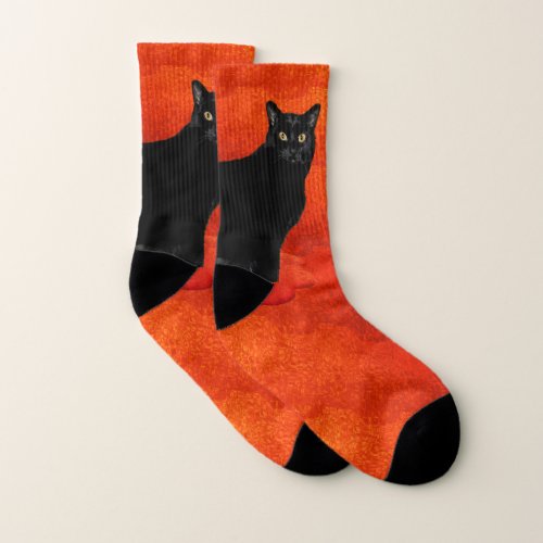 Large Black Cat Orange Halloween Socks