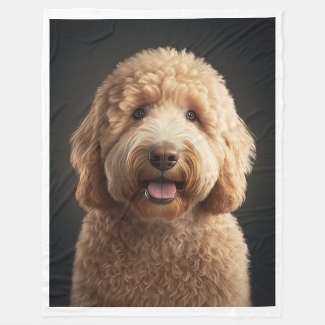 Large, black,fleece blanket featuring Goldendoodle (Front)