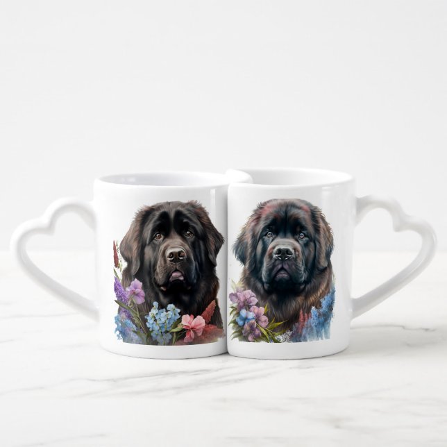 LARGE BLACK FLUFFY NEWFOUNDLAND DOG COFFEE MUG SET (Front Nesting)