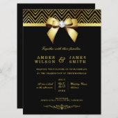 Large Black Gold Chevrons Diamond Bow Wedding Invitation (Front/Back)