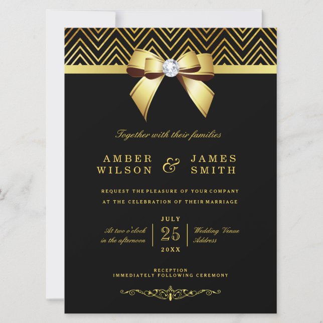 Large Black Gold Chevrons Diamond Bow Wedding Invitation (Front)