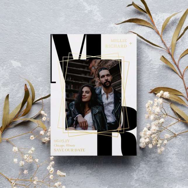 Large Black Initials Modern Photo Save the Date Foil Invitation (Creator Uploaded)
