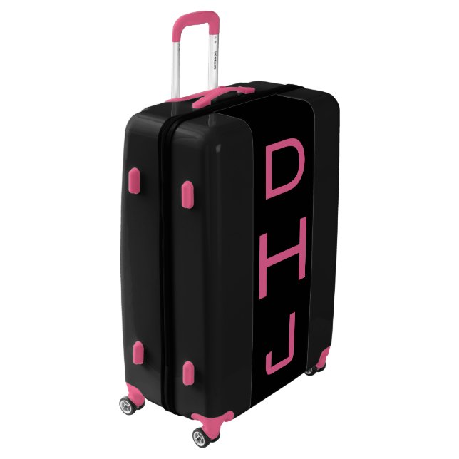 LARGE Black + Pink Personalized Monogram Luggage (Rotated Left)
