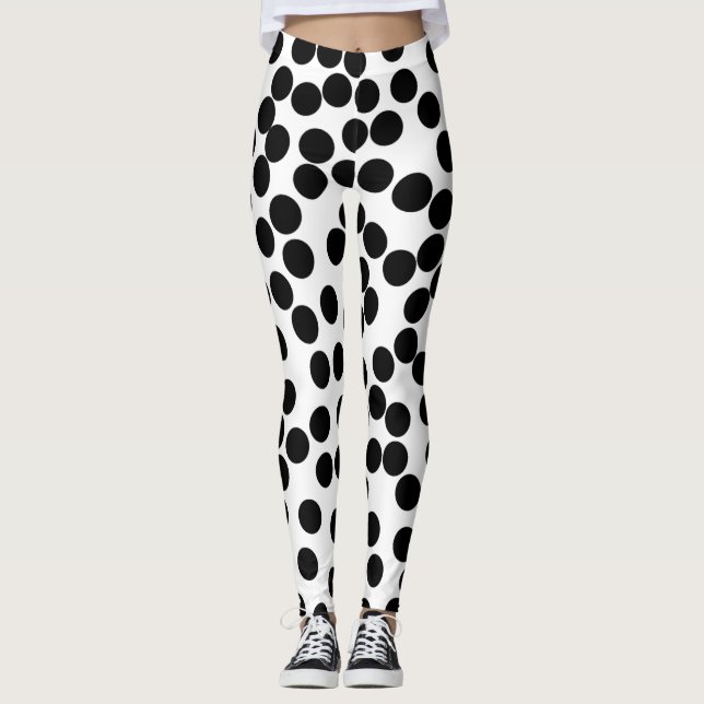 large black random polka dots on white leggings (Front)