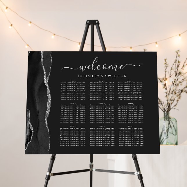 Large Black Silver Agate Sweet 16 9-Table Seating Foam Board (In Situ (Stand))