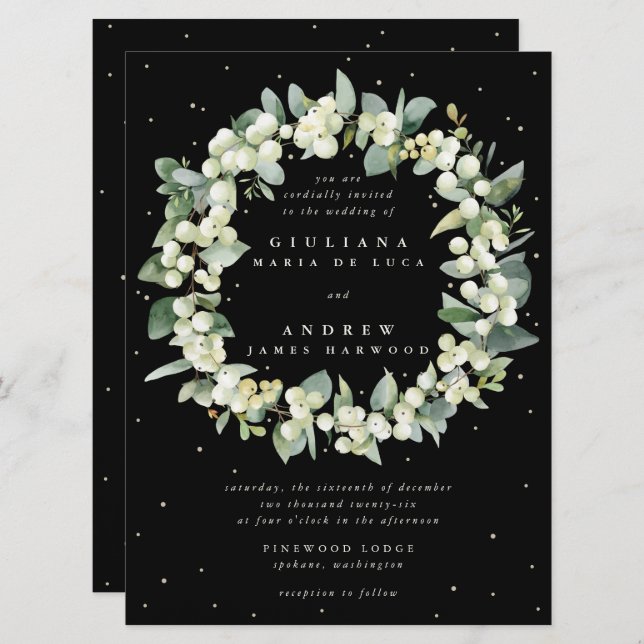 Large Black Snowberry + Eucalyptus Wreath Wedding Invitation (Front/Back)