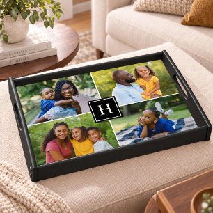 Large Black Square Monogram Family Photo Serving Tray
