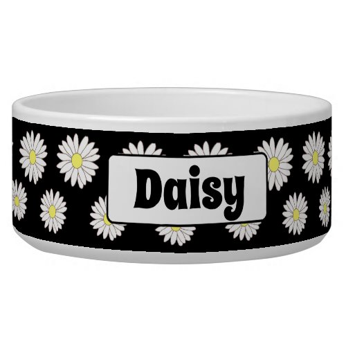 Large Black  White Daisies Personalized Dog Bowl