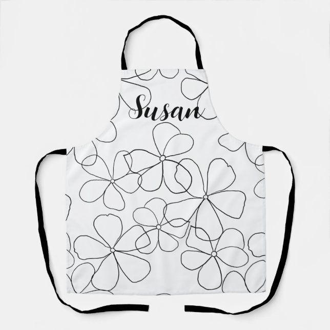 Large Black White Flowers Apron (Front)