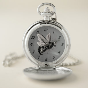 Large Black White Gothic Bee Skull Crossbones Grey Pocket Watch