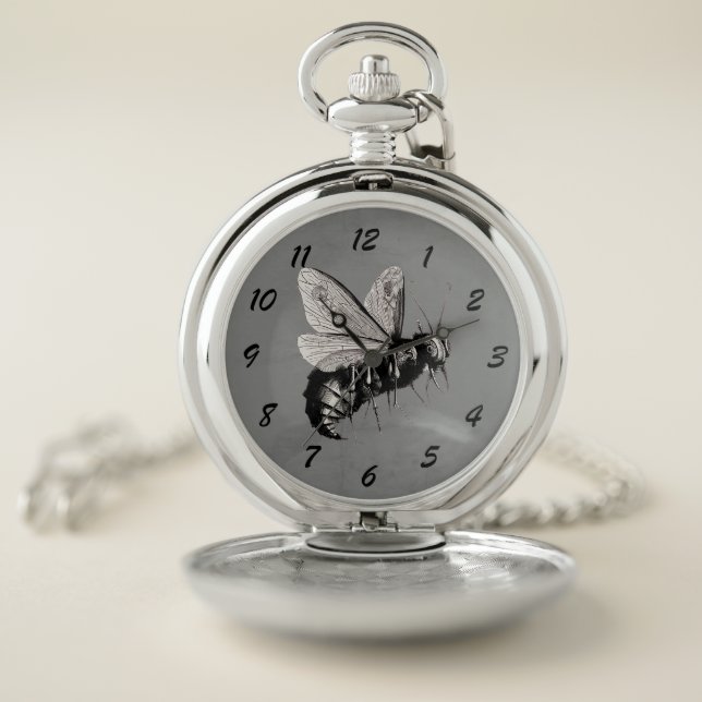 Large Black White Gothic Bee Skull Crossbones Grey Pocket Watch (Inside)