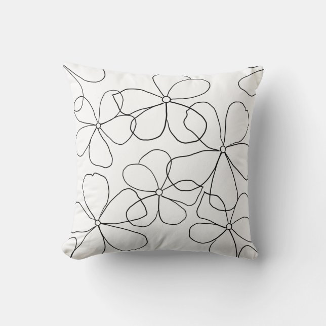 Large Black White Hand-Drawn Flower Throw Pillow (Front)