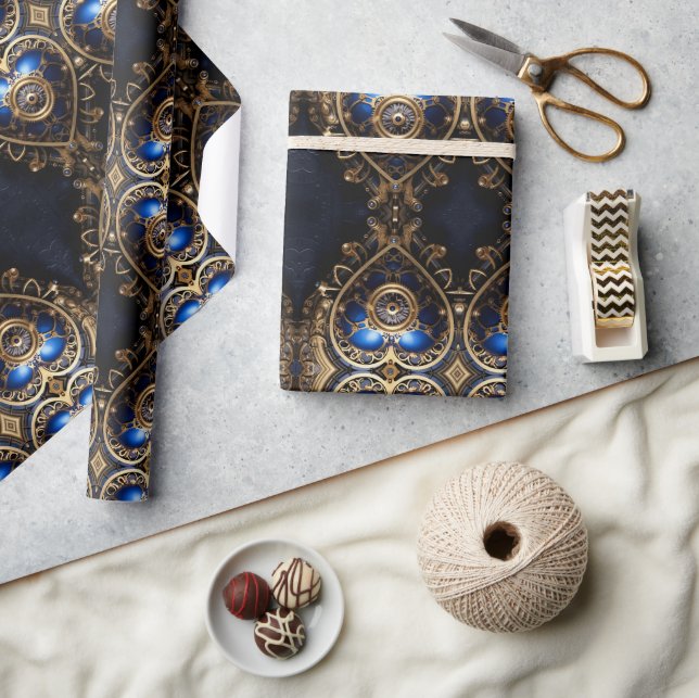 large blue and gold steampunk hearts pattern wrapping paper (Crafts)