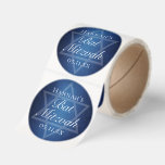 Large Blue Bat Mitzvah Party Star of David Custom Classic Round Sticker<br><div class="desc">Beautiful deep shades of dark blue create a texture like water on this formal Bat Mitzvah party roll of stickers. Elegant white minimalist script on a print with your daughter's name on the subtle Star of David to celebrate your Jewish daughter's coming of age.</div>