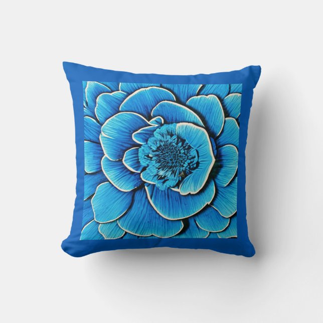 Large Blue Camellia Blossom Throw Pillow (Front)