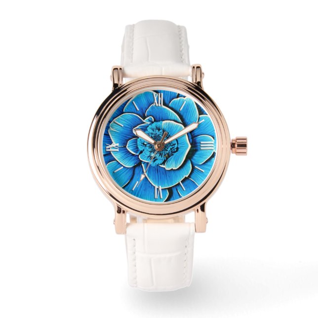 Large Blue Camellia Blossom Watch (Front)