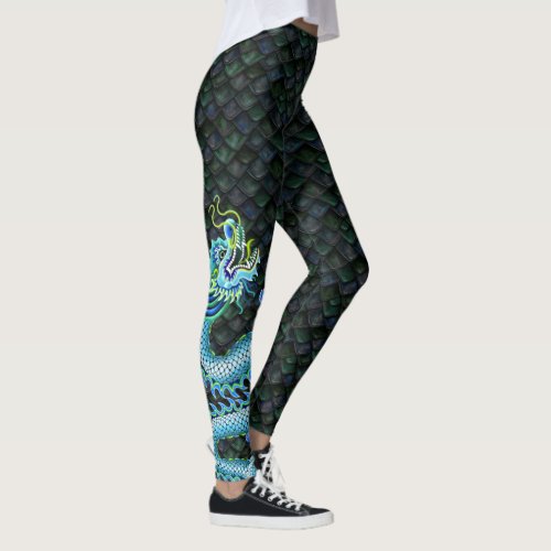 Large Blue Dragon on Dragon Scales Leggings