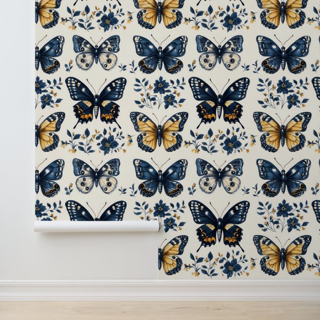 Large Blue Floral Butterfly Shabby Chic Boho Wallpaper (Application)